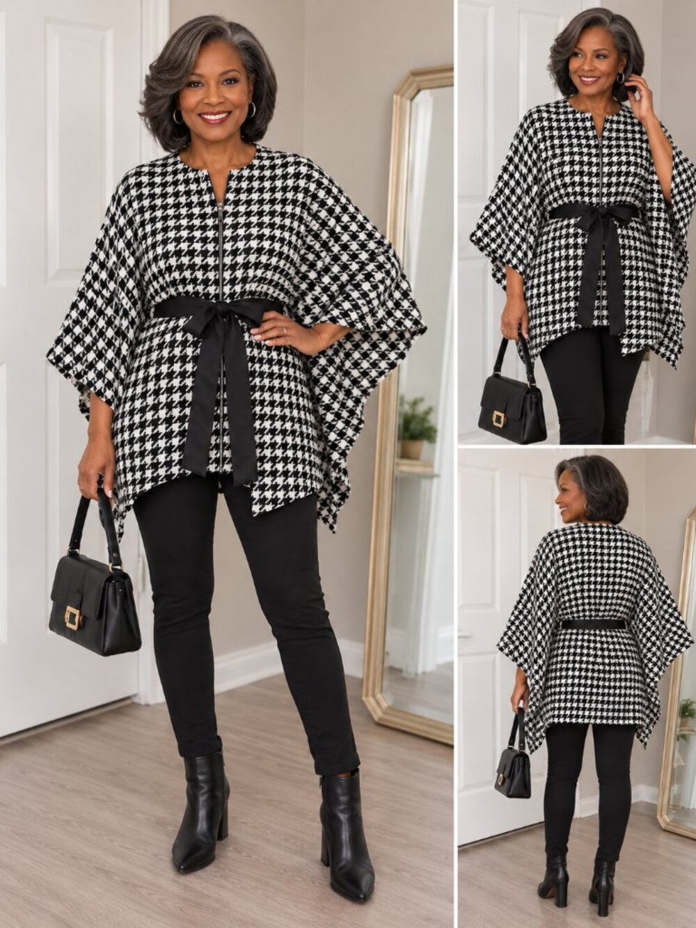 Boston Proper Houndstooth Belted Cape Poncho Sz M/L Old Money Preppy Chic Jacket